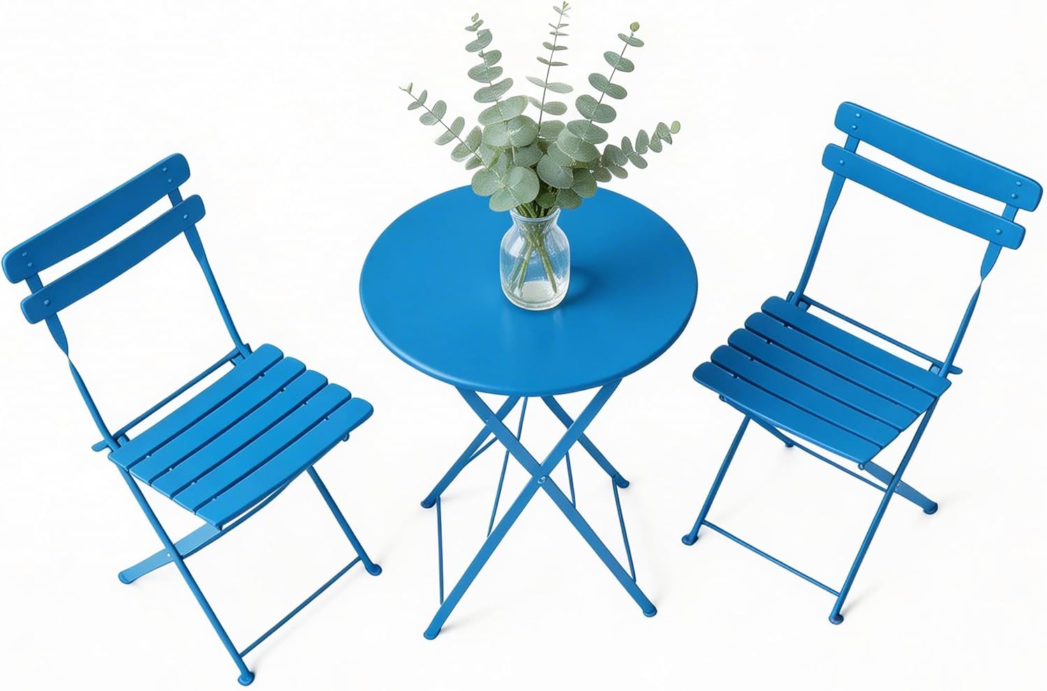 GarveeHome 3 Piece Foldable Patio Bistro Set, Outdoor/Indoor Metal Table and Chairs Furniture, Compact Round Table with 2 Folding Chairs for Balcony, Porch, Deck, Garden, Apartment, Small Space, Blue