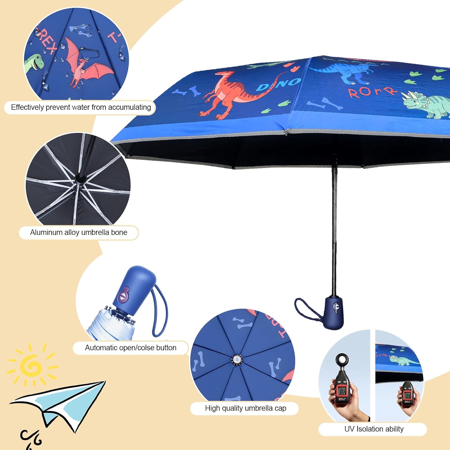 Kids Automatic Umbrella with Cartoon Print & Reflective Strip,easy One-Button Open Close, UPF 50+ Sun & Wind Protection for School, Outdoor Safety for Boys and Girls - Image 3