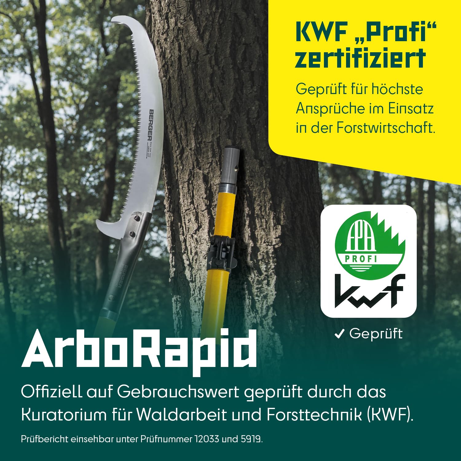 BERGER ArboRapid Set 77039 | Teleskop Astsäge für Profis | Teleskopsäge 6,65m Arbeitshöhe | Hochentaster aus Glasfaser | Baumsäge inkl. Tasche & Aufsatzsäge | Astsäge Teleskop zertifiziert & geprüft