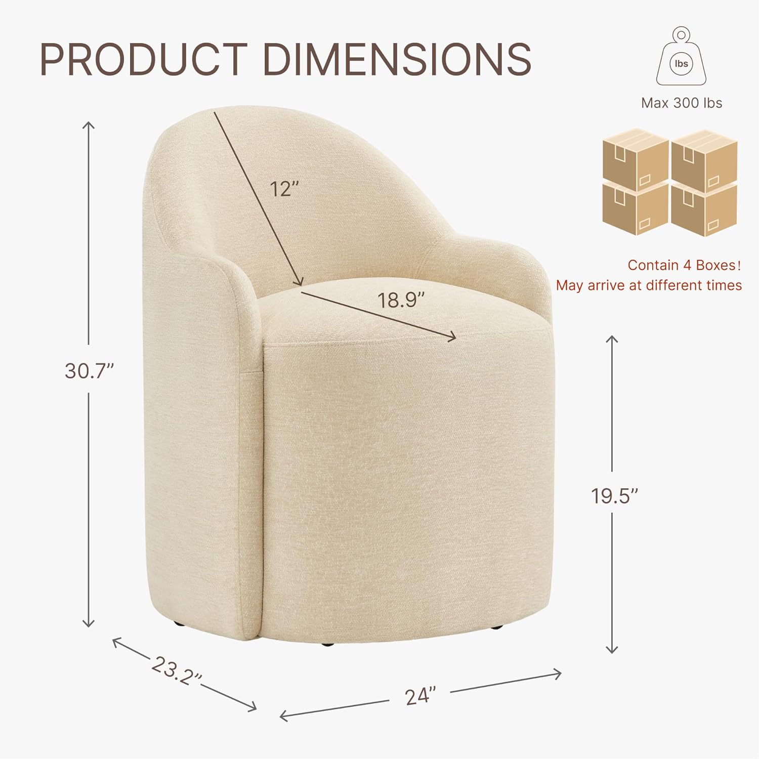 Upholstered Dining Chairs with Casters, No Assembly Modern Dining Room Chairs Accent Vanity Chair with 5 Wheels & Round Backrest for Bedroom, Living Room, Dressing, Sand Fabric, Set of 4 - Image 2