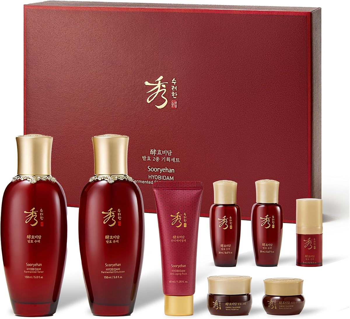 Sooryehan Hyobidam Fermented Skincare Gift Set with Wild Ginseng - Premium Korean Anti-Aging Skin Care Kit for Intense Hydration, 13.53 fl oz (Full Size Toner & Emulsion + Mini Cream, Eye Cream, Mask)