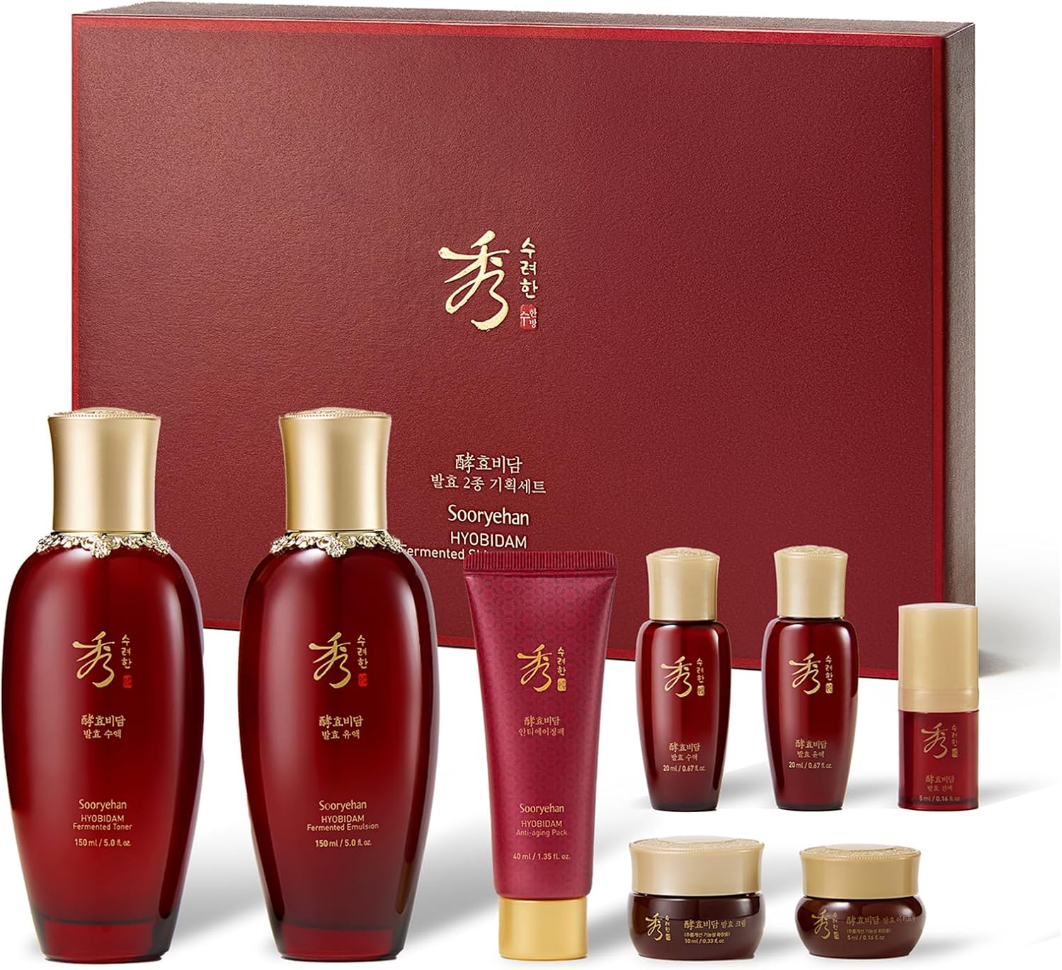Sooryehan Hyobidam Fermented Skincare Gift Set with Wild Ginseng - Premium Korean Anti-Aging Skin Care Kit for Intense Hydration, 13.53 fl oz (Full Size Toner & Emulsion + Mini Cream, Eye Cream, Mask)