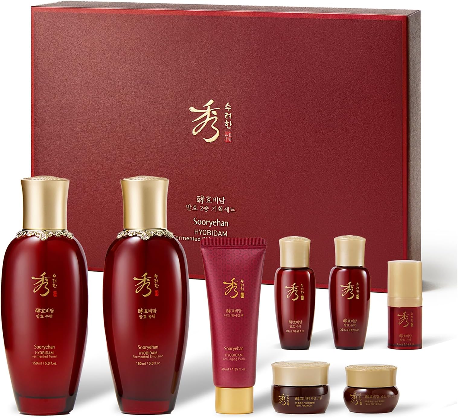 SOORYEHAN HYOBIDAM FERMENTED SKINCARE GIFT SET - Korean Skincare Gift Set, Luxury Premium High-end Revitalizing Toner, Emulsion Lotion, Essence, Cream, Cleansing Foam, Sheet Mask (400 ml / 13.52 fl oz