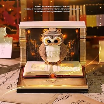 MAXFOREST 3D Calendar 2026 with LED Light & Memo Pad, Timepiece Planner Tear-Away Paper Carving Art, Creative Perpetual Organizer for Office Home Decor, Ideal New Year Holiday Gift (Owl)