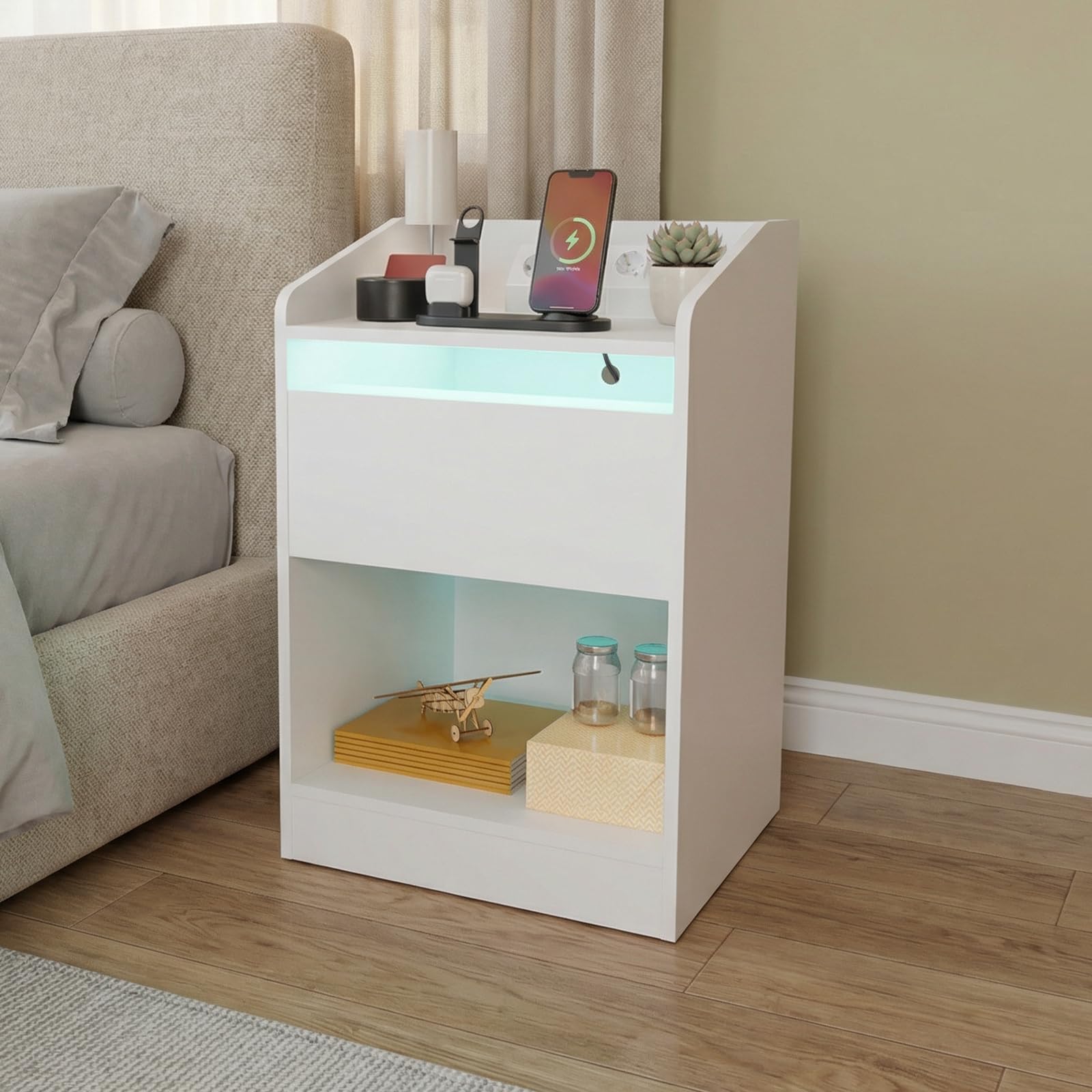DATO Mesita de noche con iluminación LED y estación de carga (2 enchufes CA, 2 puertos USB), mesilla de noche con cajones, mesa auxiliar moderna, mesa de sofá para salón dormitorio (NS19)