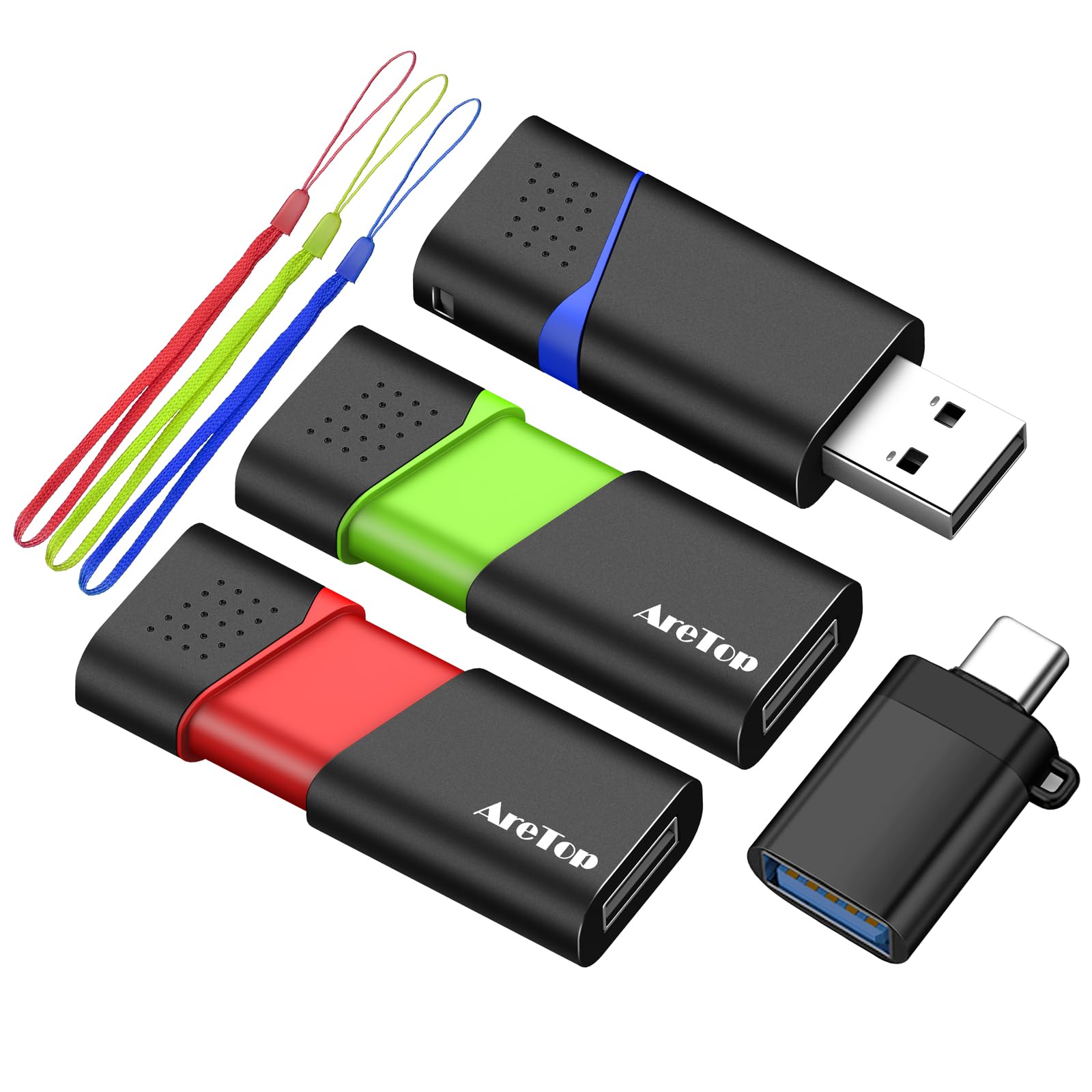 AreTop Lot de 3 clés USB 2.0 rétractables de 64 Go avec adaptateur de type C, pour le stockage de la date, lecteur de saut haute vitesse avec cordon indicateur LED (rouge, vert, bleu)