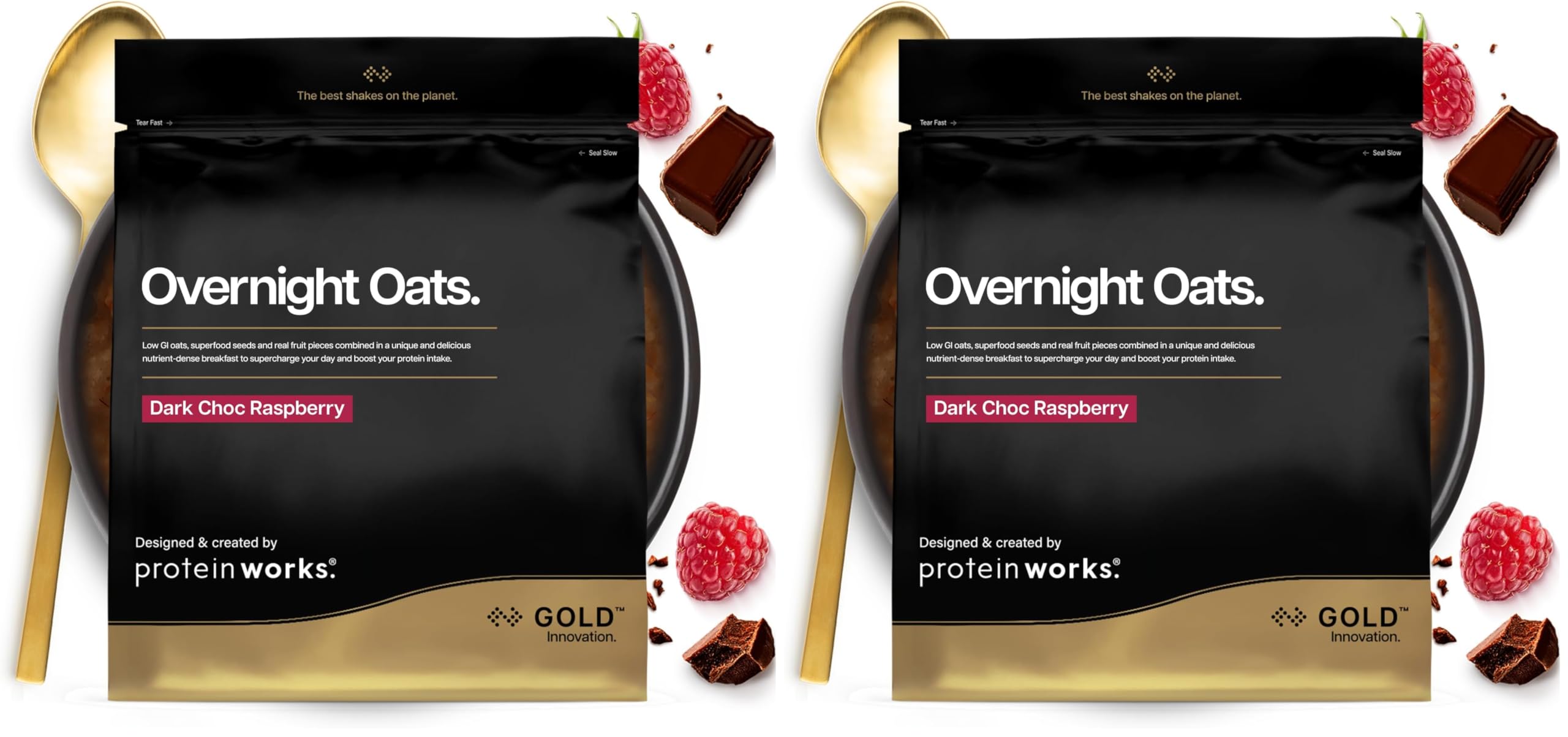 Protein Works | Overnight Oats – GOLD Innovation, High-Protein Frühstück mit Chia & Leinsamen, unterstützt gesundes Abnehmen, zuckerarm, Dunkle Schokolade & Himbeere, 14 Portionen, 1kg (Packung mit 2)