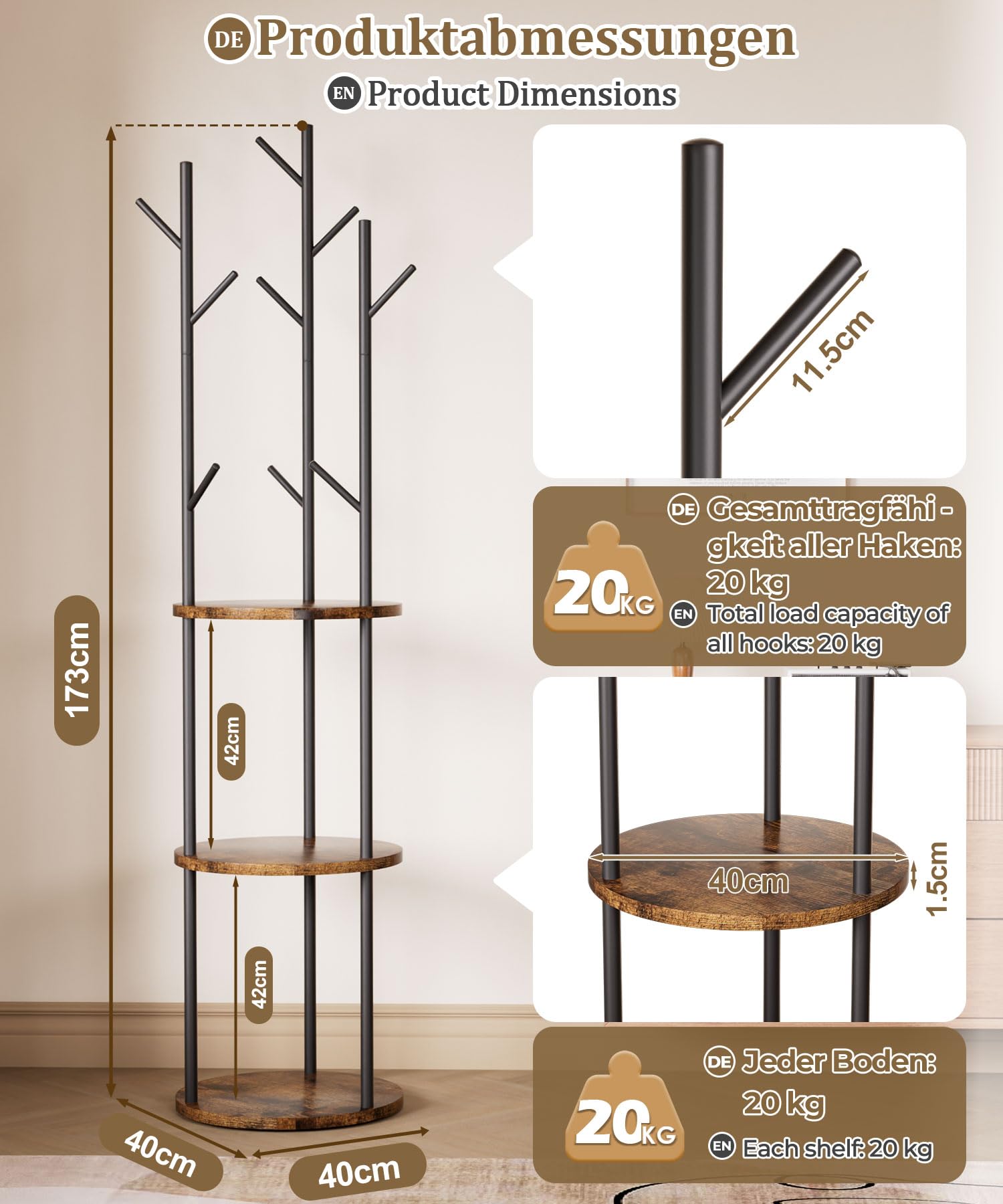 Yorbay Appendiabiti a forma di albero, in legno, telaio in metallo, 9 ganci, 3 ripiani, appendiabiti a forma di albero, per sciarpe, giacche, borse, corridoio, ufficio, soggiorno