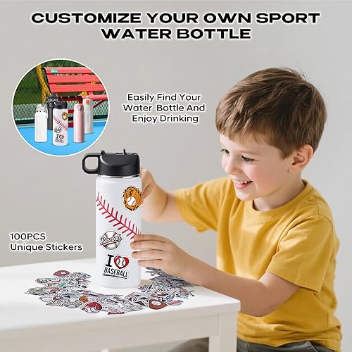 Miniatura 5 de Botellas de agua de béisbol para niños de 18 onzas y 100 calcomanías de béisbol deportivas aisladas de acero inoxidable, accesorios de béisbol,