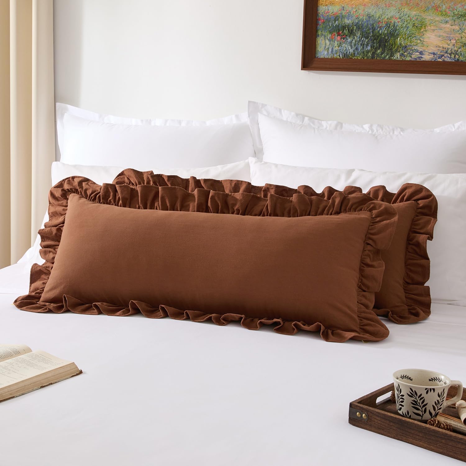 Kevin Textile 14x36 Inch Long Lumbar Pillow Cover 1 Pack 100% Cotton Lace Ruffles Scalloped Decorative Rectangle Cushion Case Soft Body Pillow for Bedding Couch Sofa, Brown