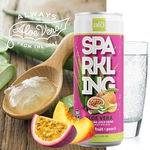 Miniatura 4 de ALO Bebida espumosa de jugo de aloe vera carbonatado de maracuyá y durazno  11.2 onzas líquidas, paquete de 12  Bebida a base de plantas, vegana