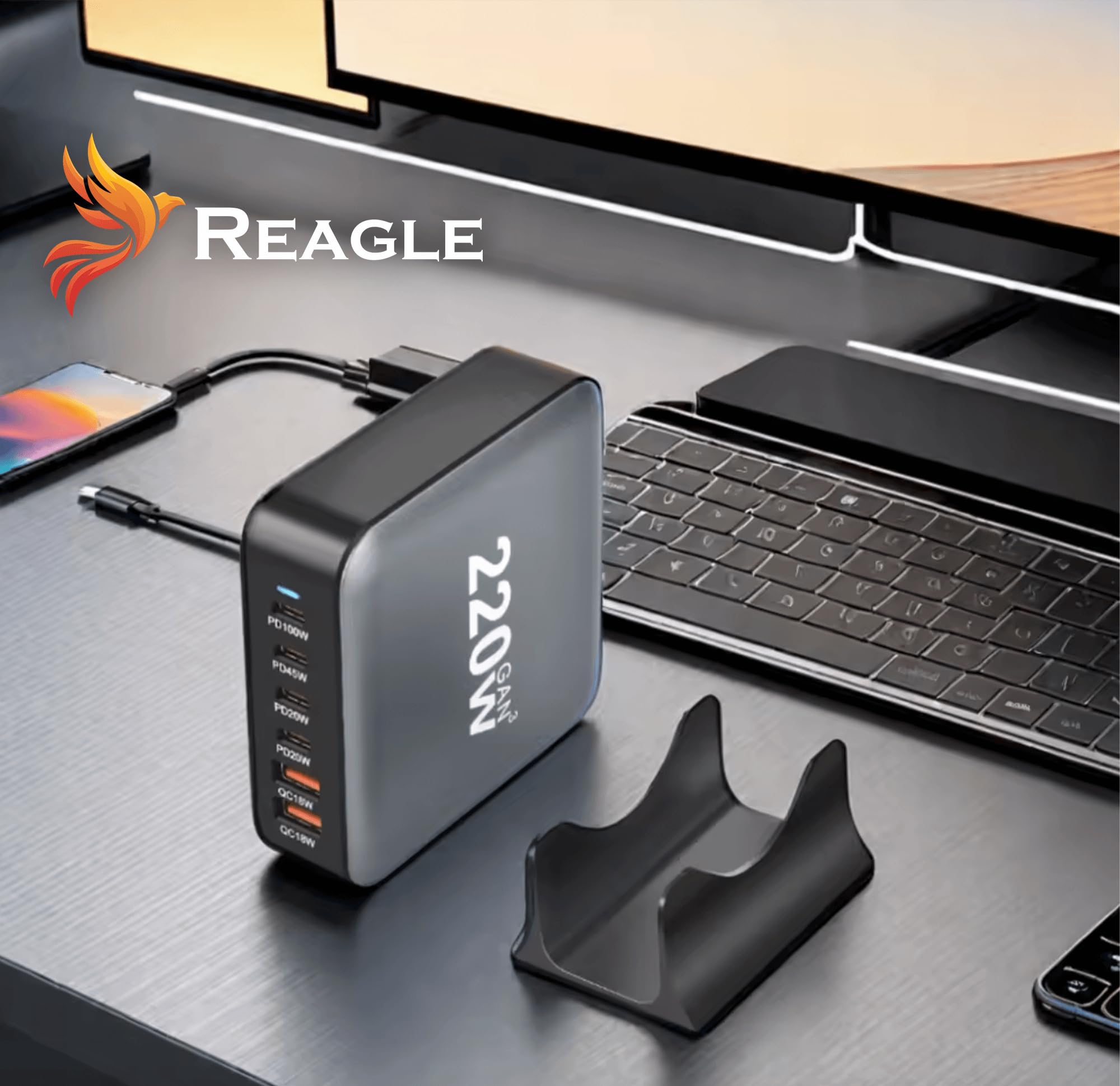 Reagle GaN - Caricatore rapido USB-C da 220 W, 6 porte, con Power Delivery, QC 3.0, per laptop, iPhone, tablet, protezione multipla, potente e sicuro per i viaggi e la casa