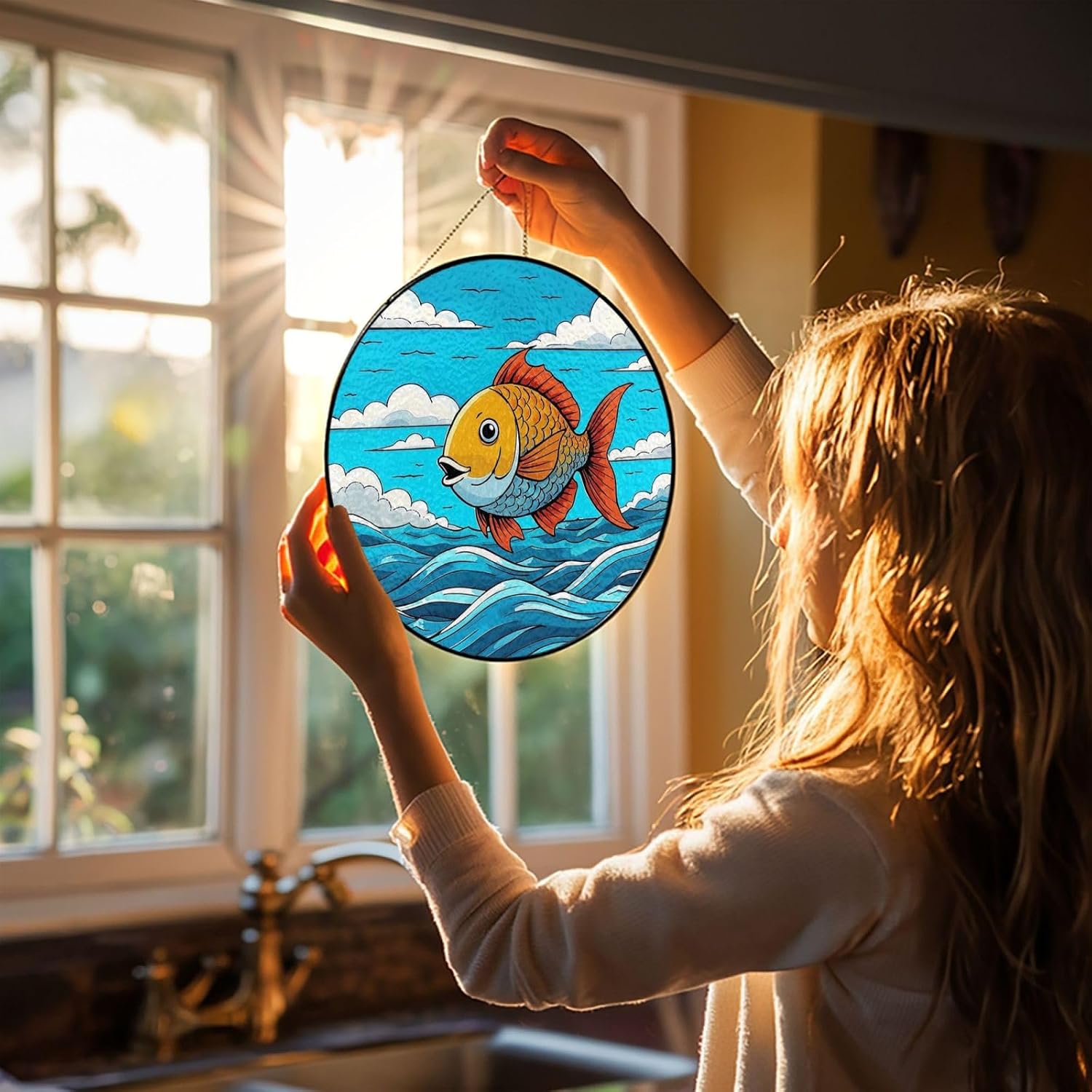 Stained Glass Window Hanging 12in Window Suncatcher Glass Panel with Metal Chain Marine Life Sun Catchers Wall Art Home Decor Gift for Women Mother's Day