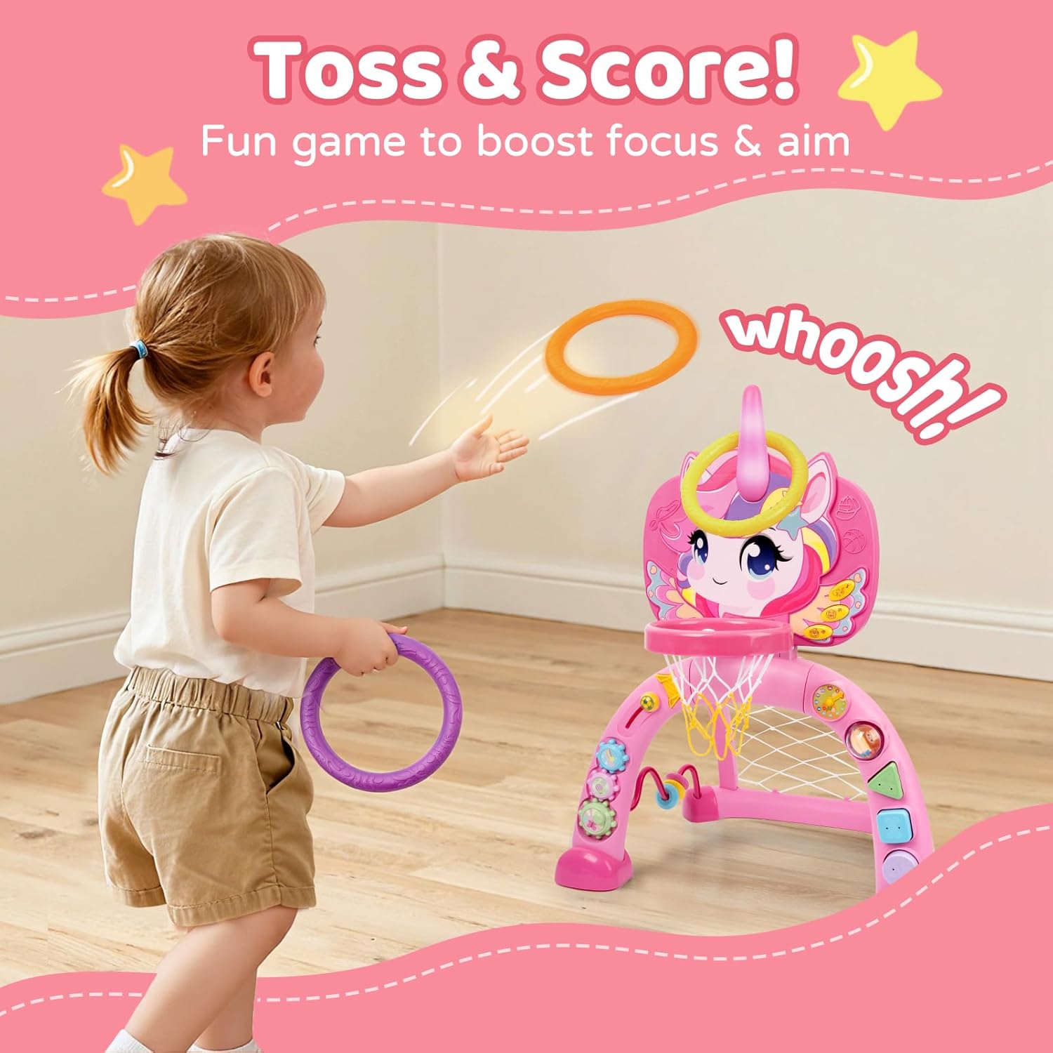 Basketball Hoop & Soccer Goal for Toddlers – 3-in-1 Sports Play Set with Ring Toss | Indoor Outdoor Activity Toy for 1 2 3 Year Old Boys | Birthday for Active Play (Pink)