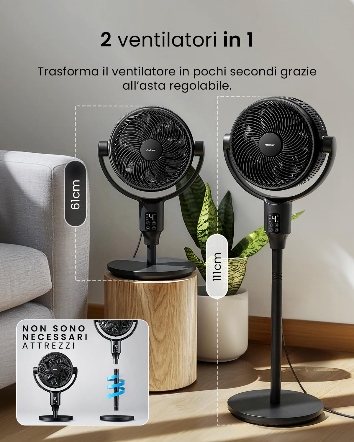 Pro Breeze AirFlo Ventilatore Ultra Silenzioso WiFi 9 Velocità, Da Ventilatore a Piantana(111 cm) a Ventilatore da Tavolo(60 cm), Oscillazione Vortex 95°/135°, Basso Consumo, Casa e Ufficio, Nero
