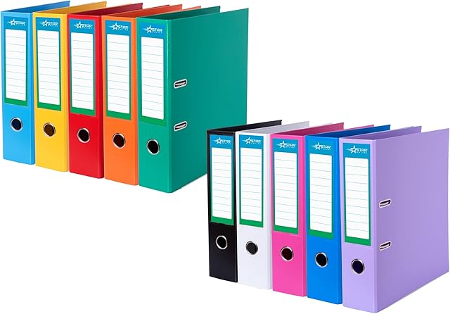 A4 Lever Arch File 5 Pack 70mm Finger Pull Stationery Document Storage Assorted Bright Colours FSC Certified - Pack of 5