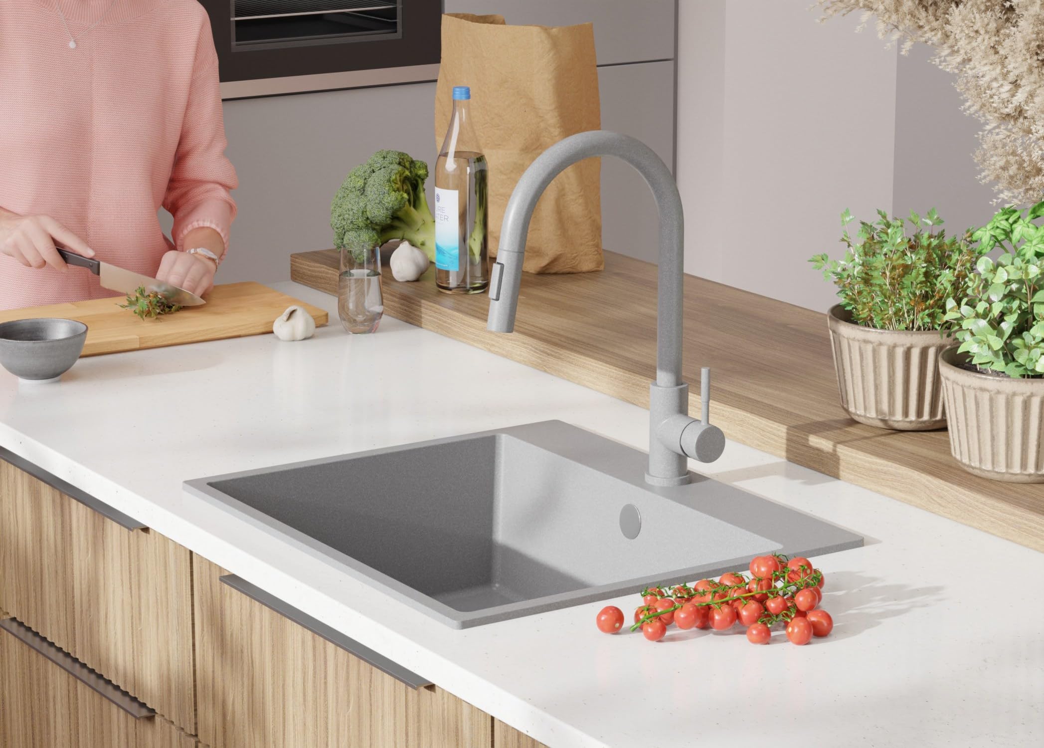 PRIMAGRAN Lavello da Cucina Tutto Grigio 58x50cm, Lavandino in Granito a 1 vasca + Sifone Classico, Lavabo da Cucina Incasso al Mobile 60cm - Riga S313