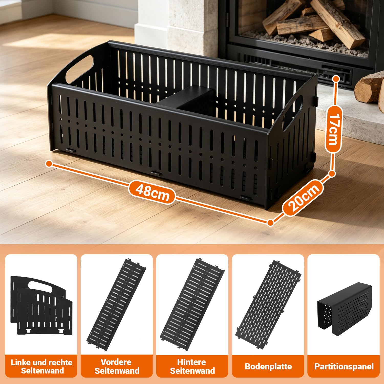 Cesta de pellets para chimenea y estufa de leña, 48 x 20 x 17
