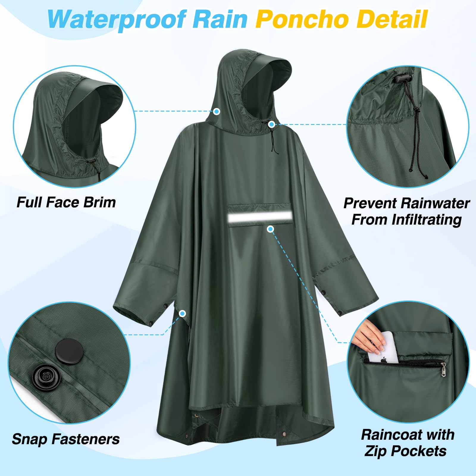 Poncho Pluie Imperméable avec Capuche et Poche Cape de Pluie Réutilisable Poncho Légère Respirant Veste Coupe-Pluie avec Bande Réfléchissante Poncho de Pluie Unisexe pour Randonnée Camping Vélo