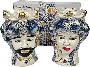 Pair of Moorish Heads Queen and King Ceramic Decorated Sicilian Style Modern Gic Vases (Leaves, 14 x 13 x 18 cm)