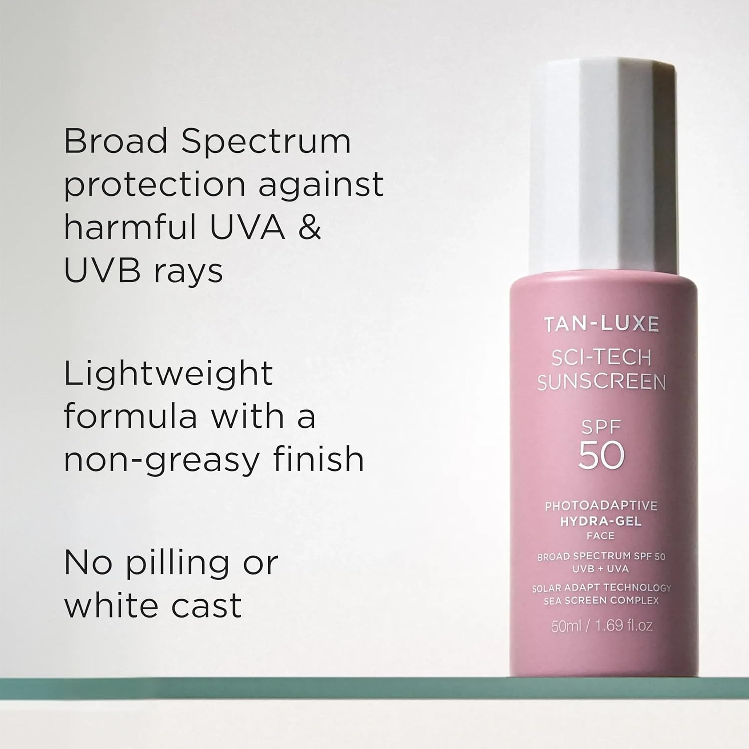 Tan-Luxe Sci-Tech Sunscreen, Lightweight Photoadaptive Hydra-Gel Face Sunscreen, Clear, Non-Greasy, Broad Spectrum UVB & UVA Protection, Vegan & Fast-Drying, 1.69 fl. oz/50 ml Bottle - Image 2