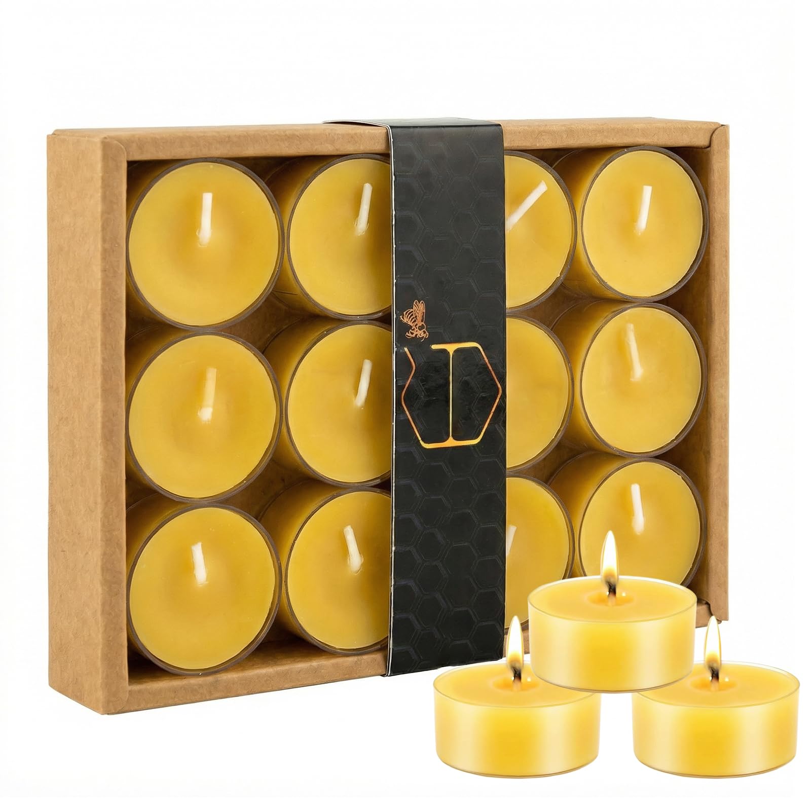 12 Pcs Beeswax Candles Handmade Pure Beeswax Tealight Candles with Cotton Wick, Long Burning Time Bees Wax Candle for Relaxation, Indoor and Outdoor Use