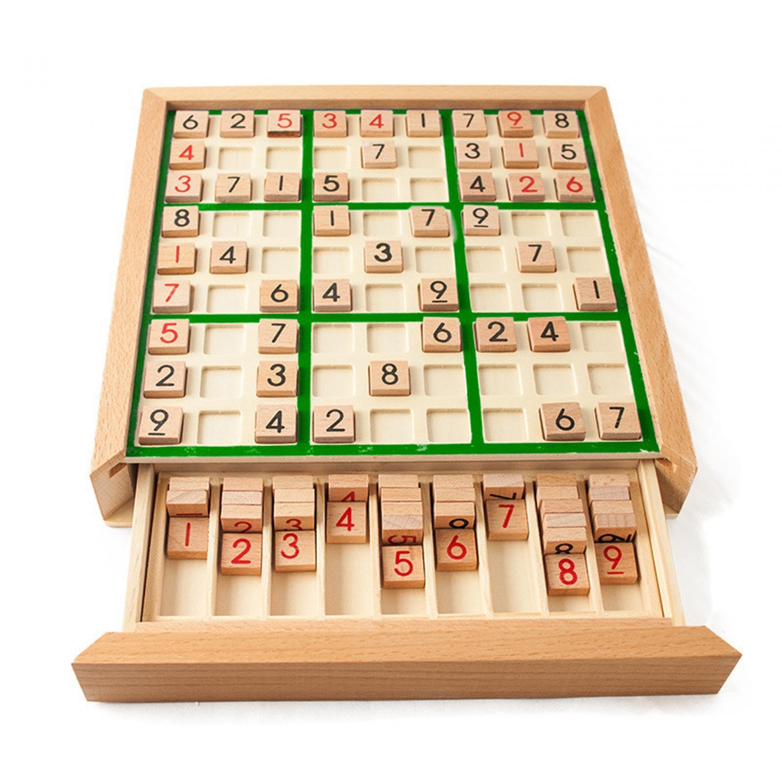 Oshhni Sudoku Brettspiel Holz Sudoku Puzzles Denkspiel Familienspiel Mathematikspielzeug mit Tragbarem Schubfach Und 90 Zahlenblöcken für Kinder Erwachsene L, Grün