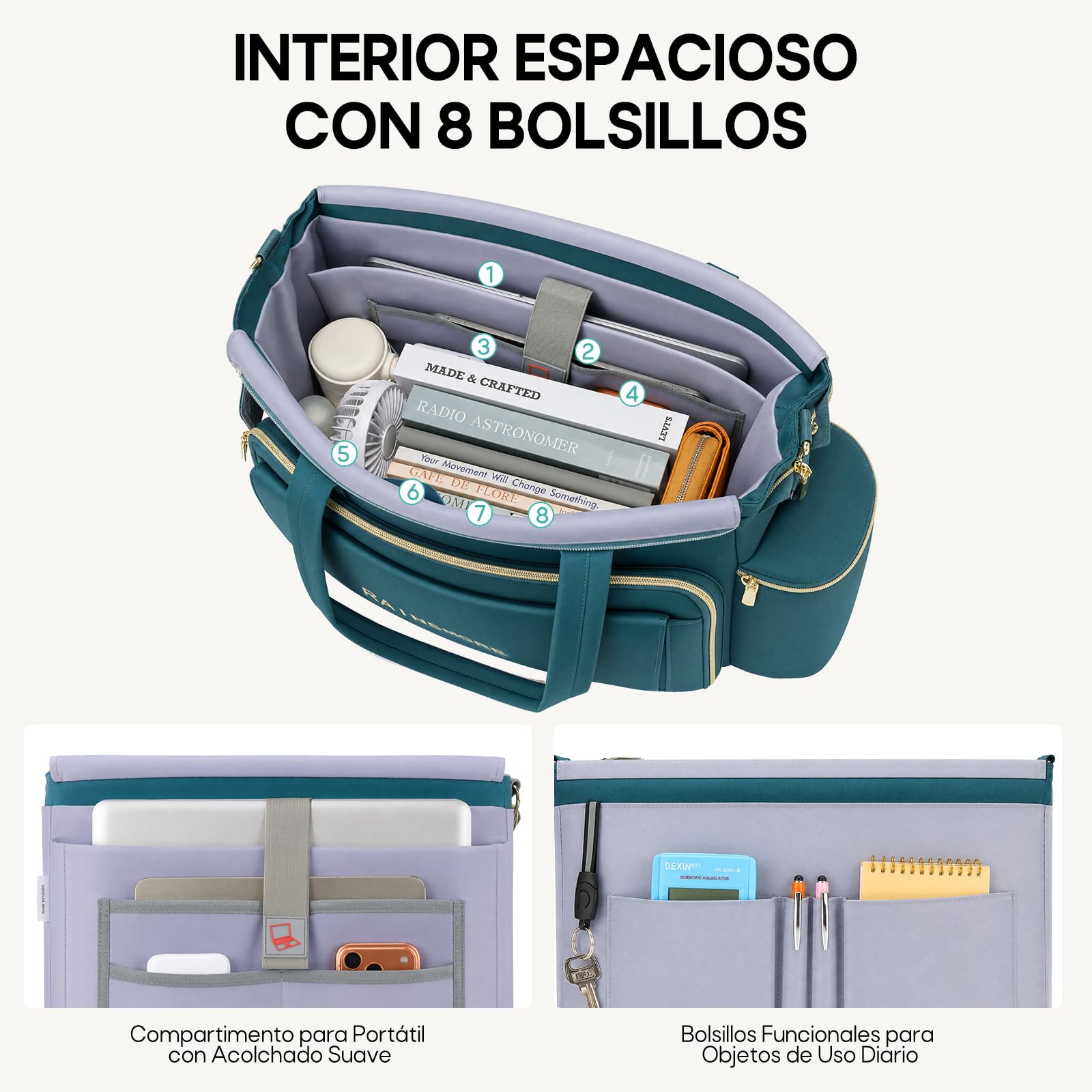 RAINSMORE Maletin Portatil Bolso Profesora Mujer 15.6 Pulgadas | Bolso Ordenador con Bolsillo Aislante y Portavasos, Multibolsillos, para Enfermera Trabajo Universidad