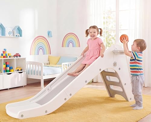 Miniatura 8 de MAMIZO Juego de tobogán 3 en 1 para niños pequeños a partir de 3 años, parque infantil interior y exterior con aro de baloncesto y pelota, juego