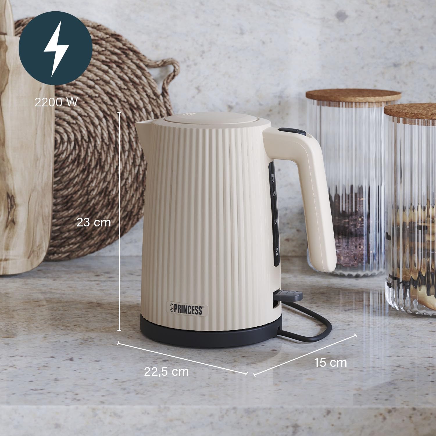Princess Bollitore Wave, 1,7L, 360° senza fili, 2200W, BPA-free, protezione surriscaldamento e secco, indicatore livello acqua, filtro rimovibile, spegnimento automatico, cavo 0,7m, 236048