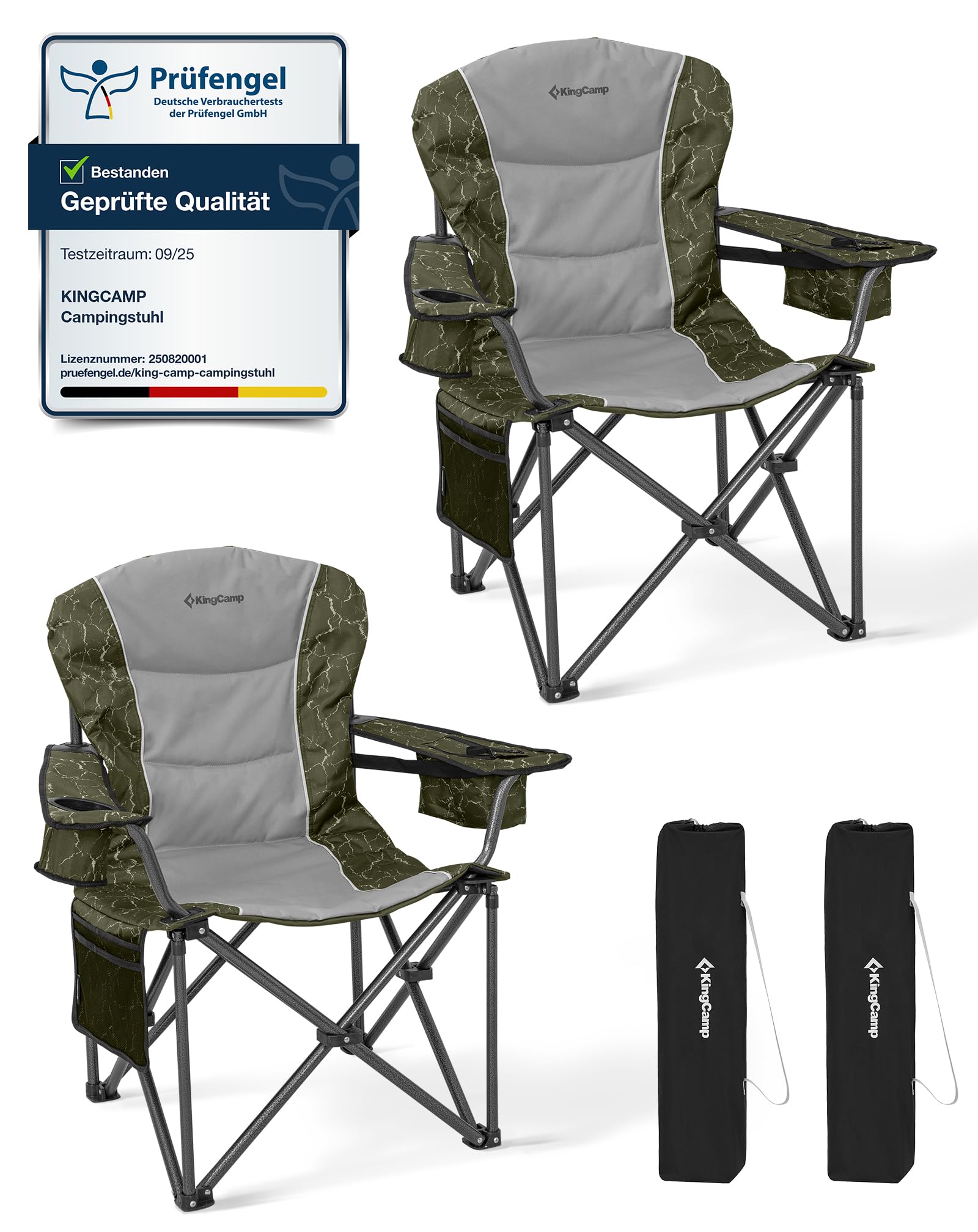 KingCamp 2er XXL Campingstuhl Faltbar bis 205 kg, Übergroßer Camping Stuhl Klappbar Gepolster mit Verstellbarer Rückenlehne Kühltasche Getränkehalter, Klappstuhl Camping mit Hochlehner Bequem, Grün