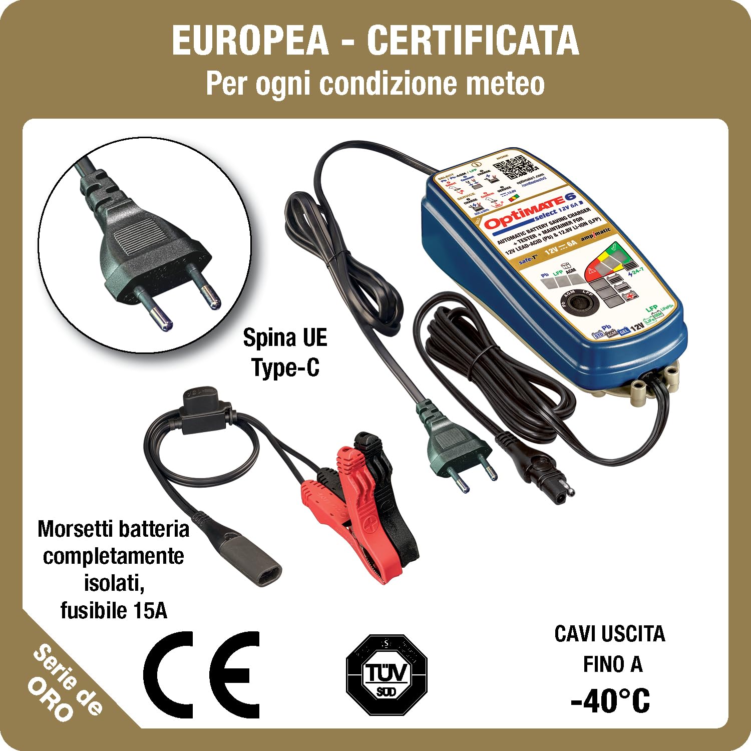 OptiMate Caricabatterie 6 Select V2 12 V 6A – Caricabatterie intelligente a 9 fasi e supporto per batterie AGM, GEL, STD, EFB e Lithium LiFePO4 – Ripristina le batterie a scarica profonda da 0,5 V