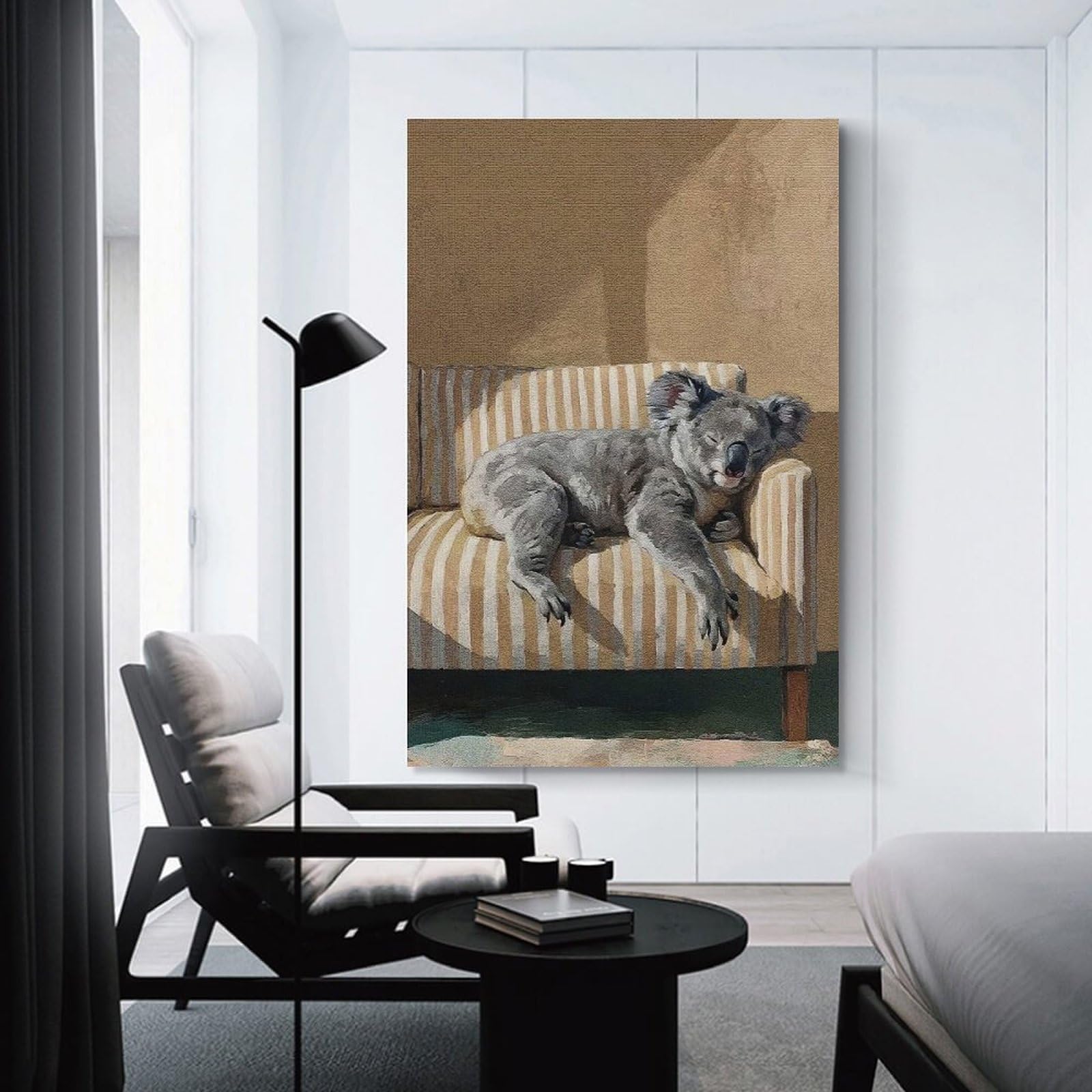 Junmoney Unframe-Style-16 Sleeping Koala On Striped Couch Wall Decor Canvas Print 24X36inch(60X90cm), For Lounge, Study, Hallway Or Flat Walls, Decorative Artwork With Broad Appeal