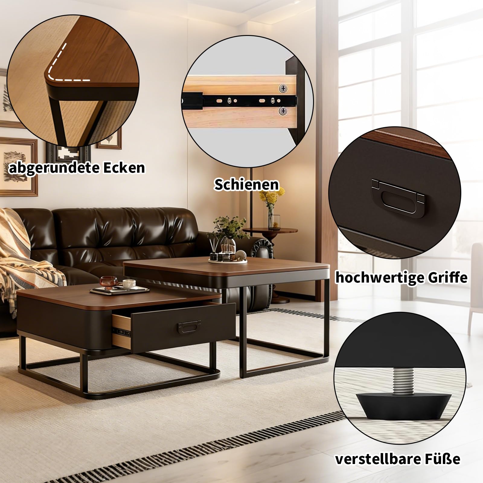 Generisch 2er-Set Kaffeetische, Moderner Ausziehbarer Kaffeetisch, Nussbaum-Kaffeetisch mit Stauraum, Metallgestell, für Wohnzimmer, Schlafzimmer, Nussbaum-Optik