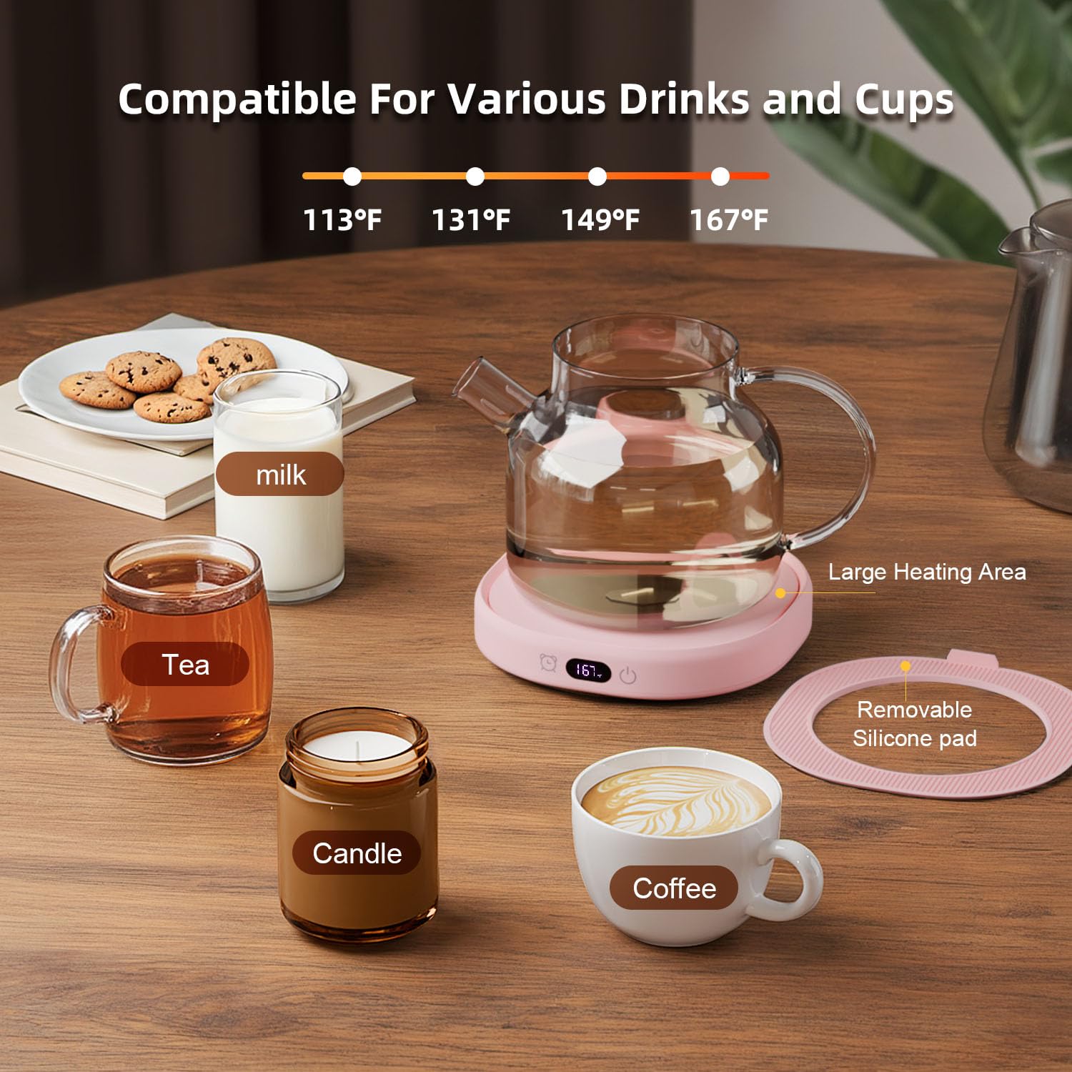 Juego de tazas de café con calentador de tazas y tazas inteligente con calefacción para computadora, oficina, 4 calentadores de té y café, 8 horas de apagado automático, regalo ideal para mujeres