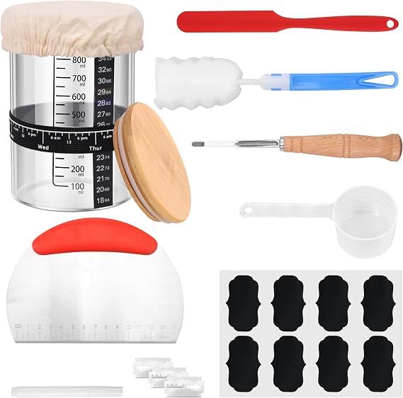 Sourdough Starter Set Sourdough Starter Kit 600 ml Fermentation Jar with Spatula Thermometer Silicone Spatula Reusable Sourdough Bread Baking Accessories (a)