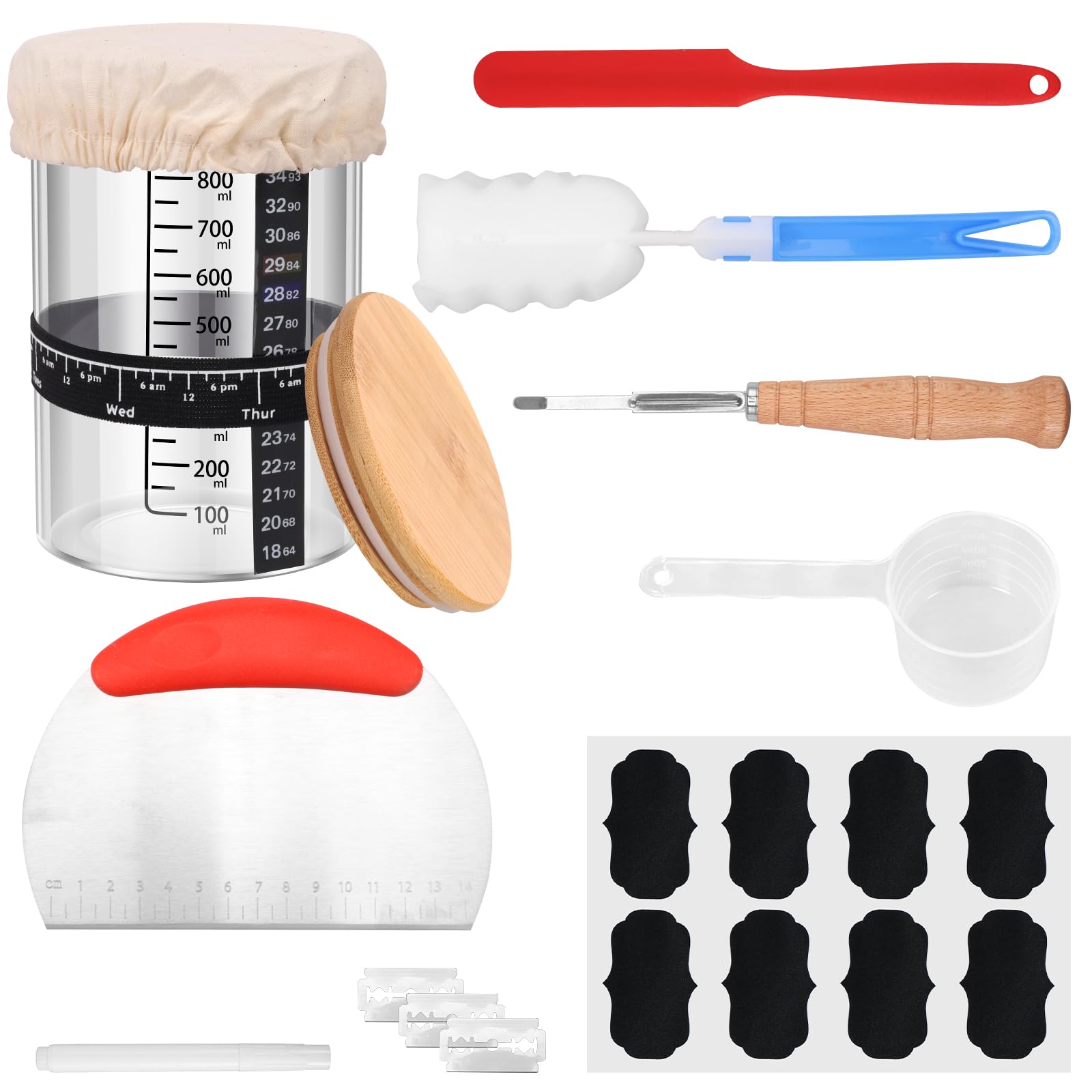 ZJRDYYK Sourdough Starter Jar Kit, Sourdough Bread Baking Supplies Kit Include Positioning Strap, Temperature Sticker, Cloth Cover & Wood Lid, Silicone Scraper, Measuring Spoon, Ect