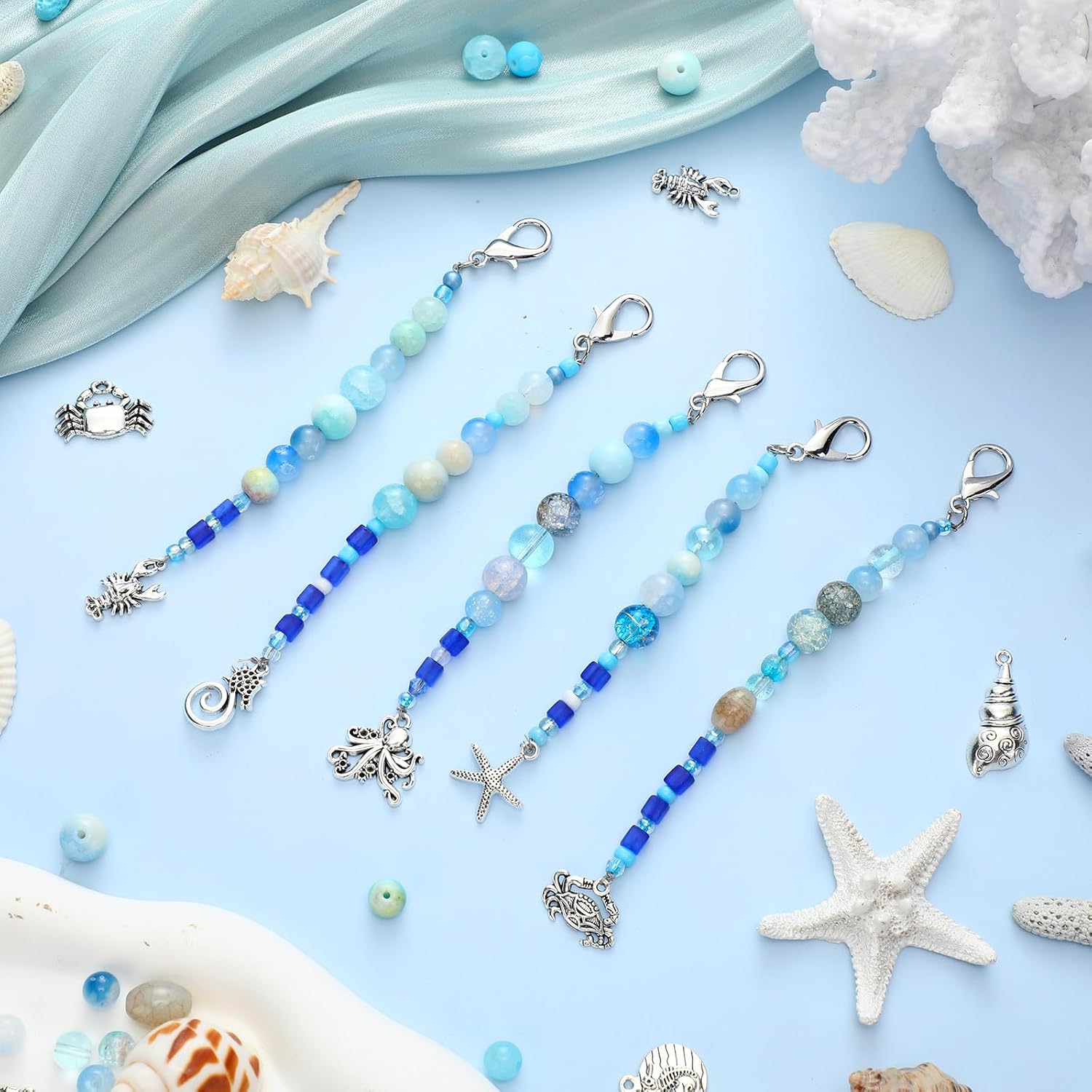 Suncalla 790pcs Ocean Charms for Keychain Making Kit Beach Beads DIY Craft Keychain Starfish Dolphin Crab Conch Octopus Seahorse Charm Wire Lobster Clasp Blue Beads Jewelry Making Kit Summer