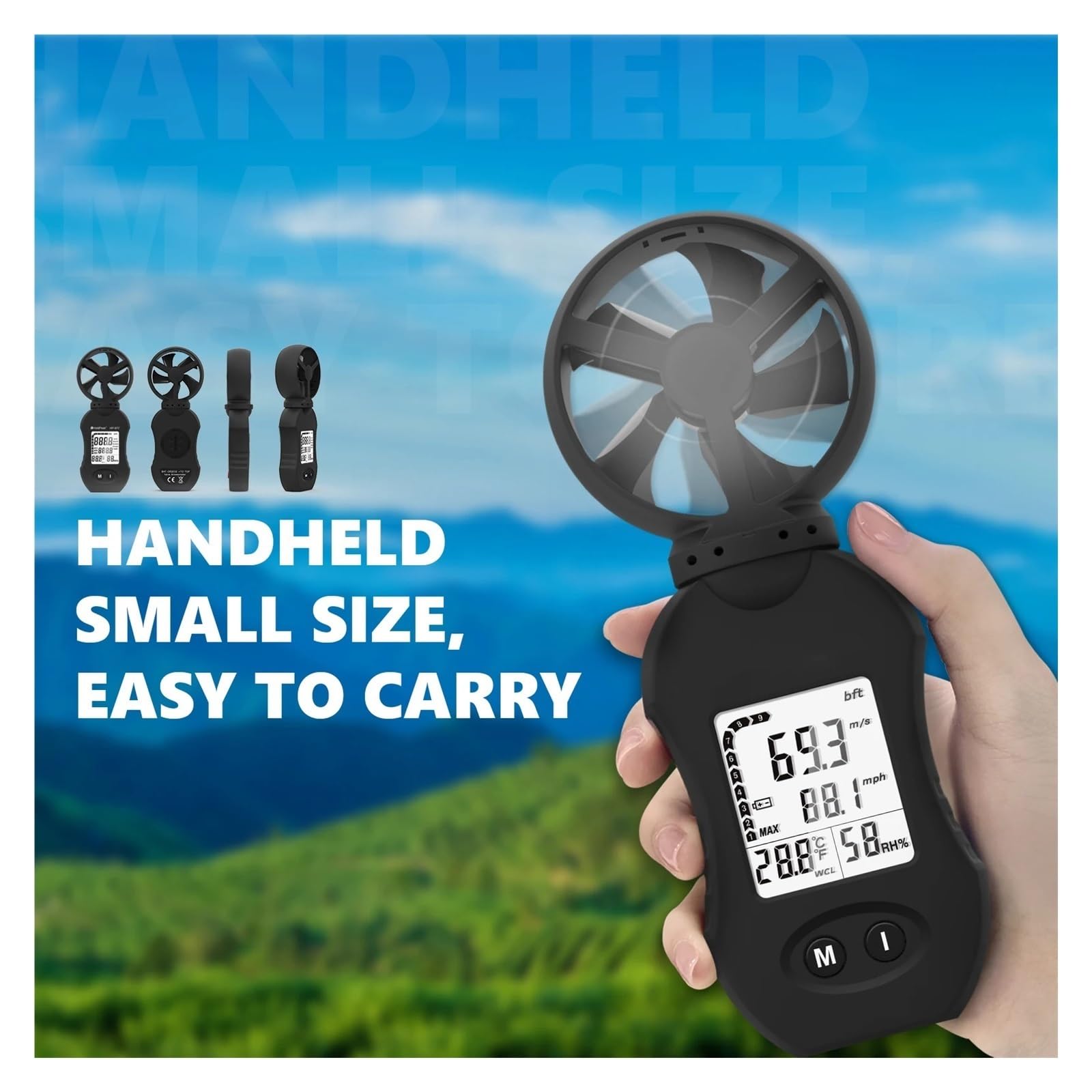 Anemómetro Portátil, Medidor digital de velocidad del viento, anemómetro de mano con retroiluminación LED, selección de unidad, apto for viento, temperatura y humedad.