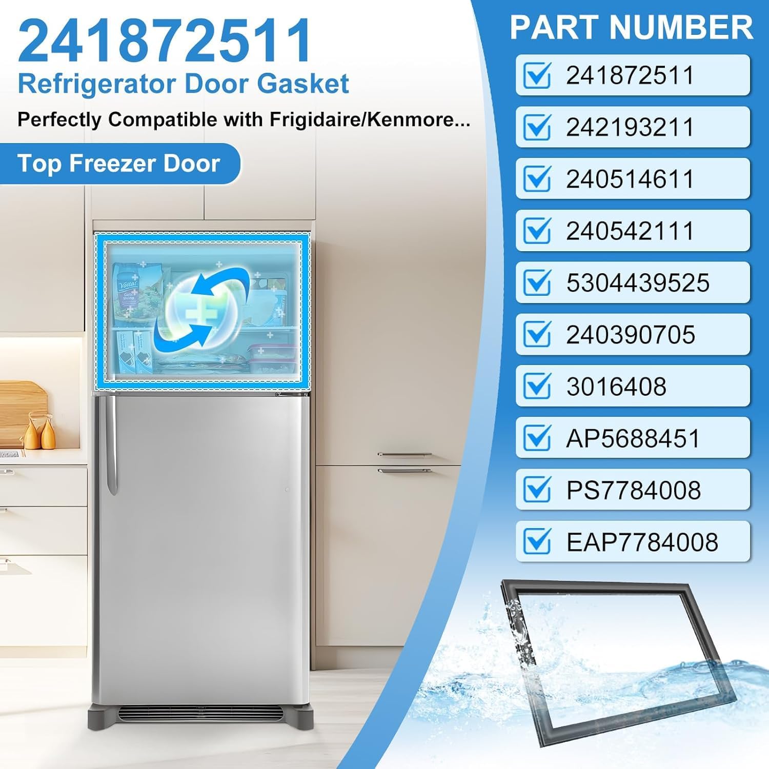 Upgraded 242193211 241872511 Refrigerator Door Gasket Compatible with Frigidaire Freezer Door Gasket 240514611 PS7784008 LFHT2117NF4 3016408 Freezer Door Seal For Kenmore Refrigerator Door Gasket Seal
