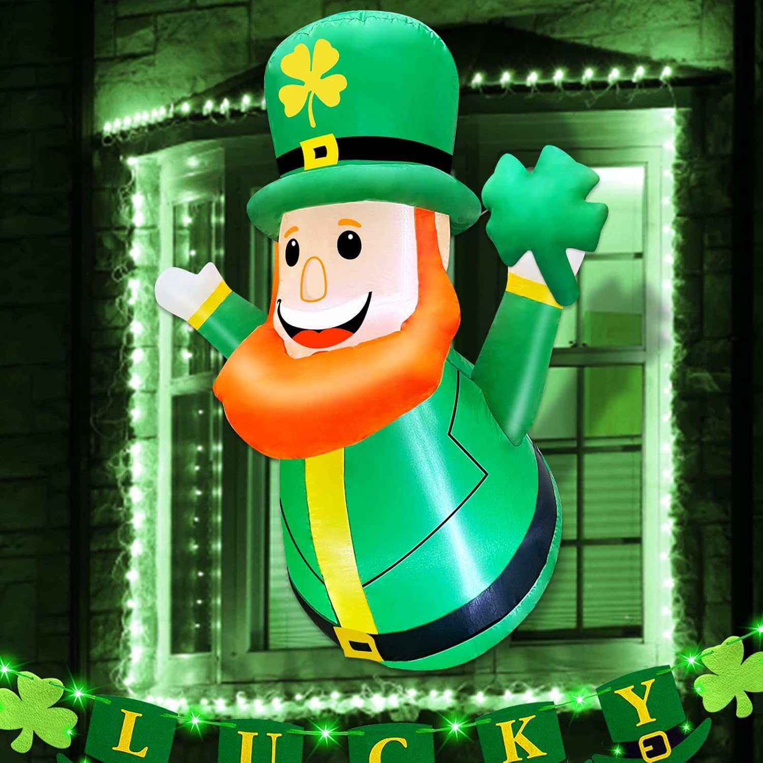 TURNMEON 3.5 Ft St Patricks Day Inflatables Outdoor Decorations,Blow Up Leprechaun Holds Shamrocks Clover Out from Window,St Patricks Decor with LED Light Irish Party Indoor Outdoor Lawn Yard Garden