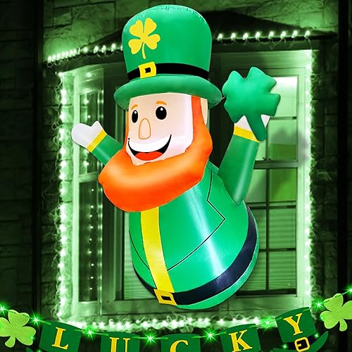 Miniatura 5 de TURNMEON Decoración inflable del día de San Patricio de 3.5 pies para exteriores, duende que sostiene tréboles de tréboles inclinados desde la