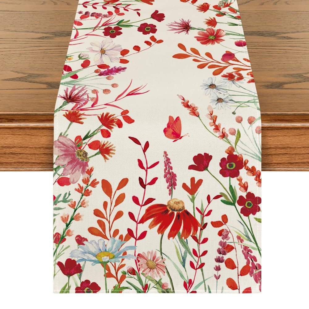 Artoid Mode Orange Daisy Flowers Floral Leaves Summer Table Runner, Spring Kitchen Dining Table Decoration for Home Party Decor 13x72 Inch