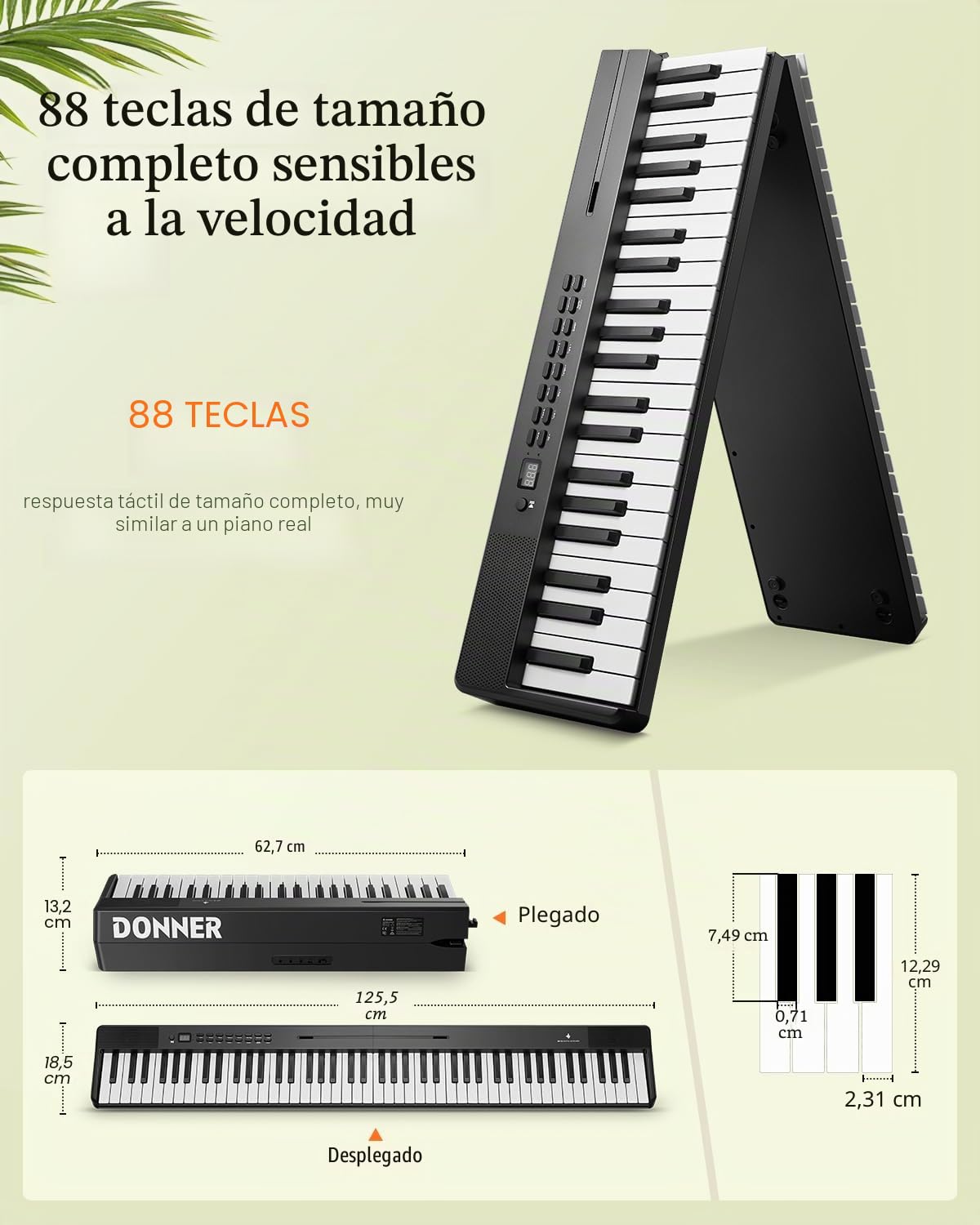 Donner DP-10 Teclado de Piano Portátil 88 Teclas para Principiantes, Teclado de Piano Plegable Bluetooth con Acorde, Grabación, Kit de Batería, Paquete de Piano Digital Plegable con Pedal, Bolsa