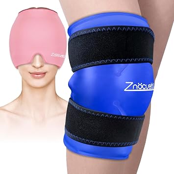 ZNOCUETOD Bundle of Knee Ice Pack Wrap Reusable Gel Ice Pack for Knee and Migraine Headache Relief Cap Hat, Head ice Pack Wrap Cooling Gel Ice Beanie Cold Cap
