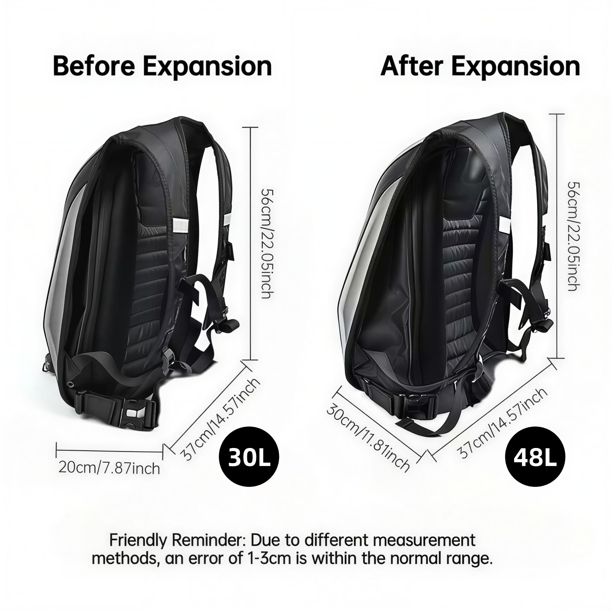 Mochila para moto de alta capacidad con carcasa rígida de fibra de carbono, compartimento dedicado para casco, extensible 30-48L, multibolsillos, para viajes y uso diario