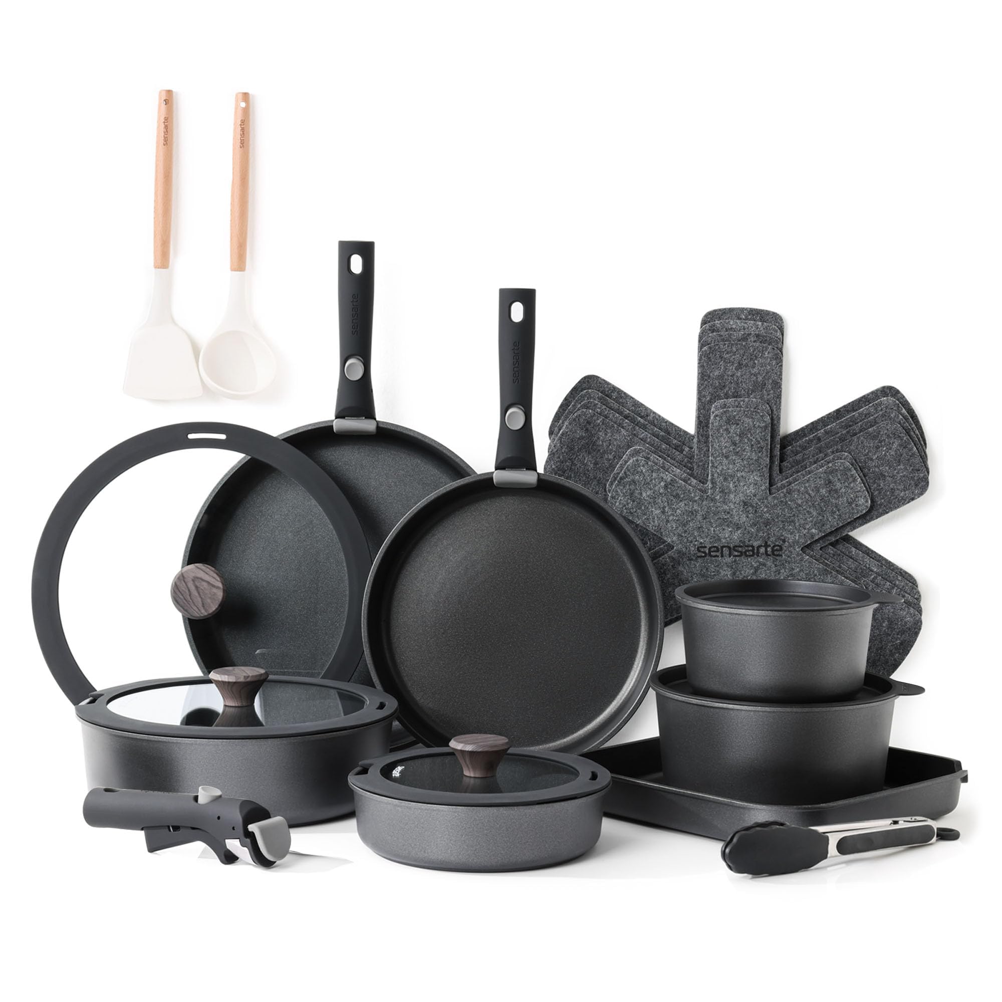 SENSARTE Set Pentole Induzione 24 pezzi con manici rimovibili | Antiaderente in granito svizzero, comprende padelle, casseruole e bistecchiera, impilabile, compatibile forno/lavastoviglie