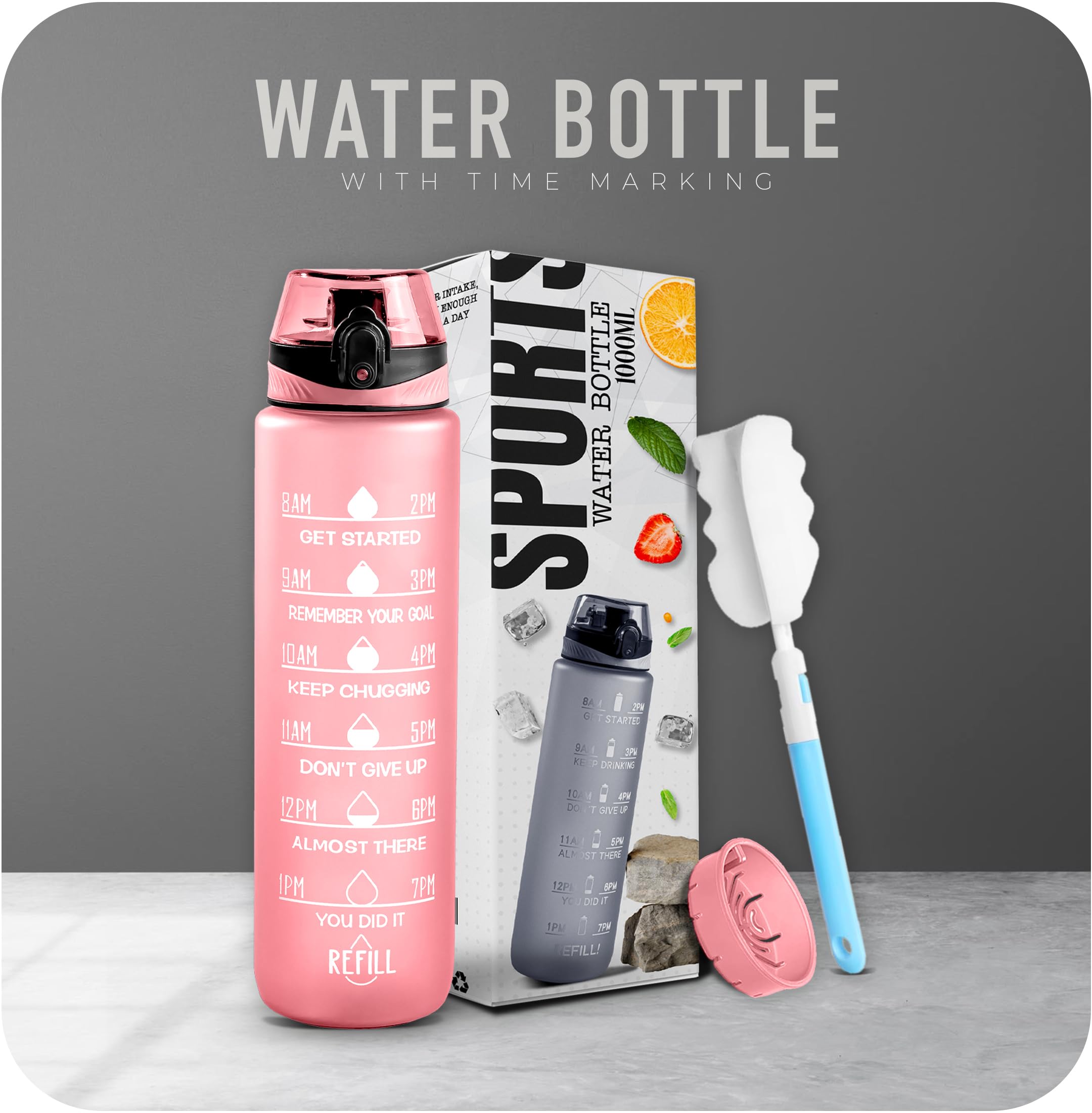 Roe Tenpo Water Bottle 1L, Sports Water Bottle with Time Markings, BPA-Free, Leak-Proof Drinks Bottle - Image 2