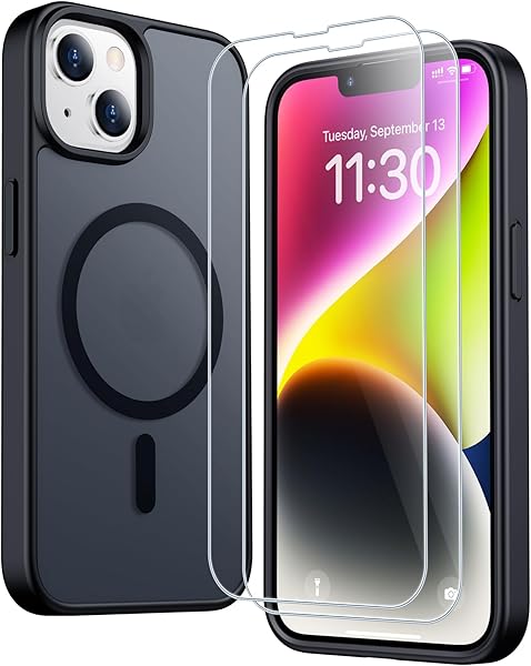 SPIDERCASE for iPhone 14 Plus Case, Magnetic Translucent Matte Case with 2PCS Tempered Glass Screen Protector Slim Phone Case for iPhone 14 Plus 6.7'', Black