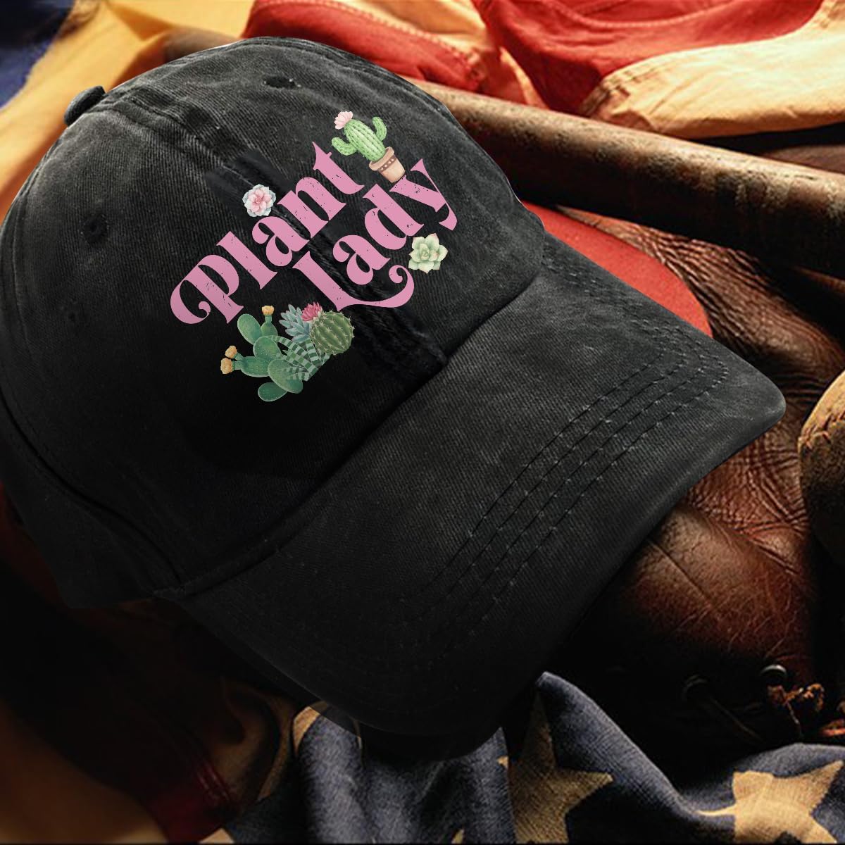 By Plants Fun Distressed Washed Blue Baseball Cap, Potted Plant